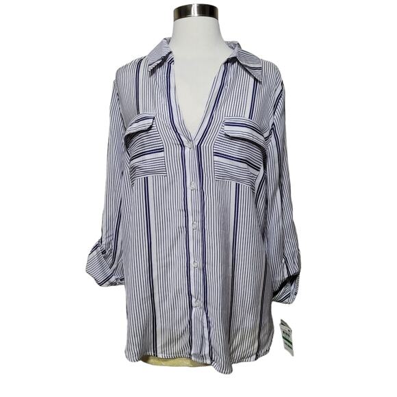 NWT INC International Concepts Women's Blue White Stripe Button-Up Shirt Size L - Picture 2 of 10